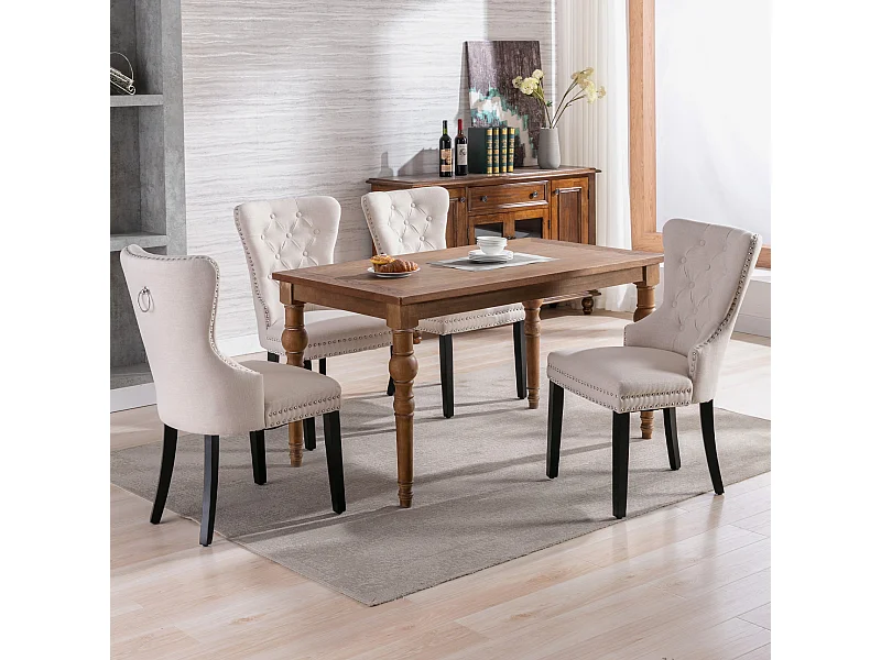 4er-Set Esszimmerstühle mit Leinenbezug – 53 x 54 x 97 cm – Eichenbeine – Lounge-Sessel – beige