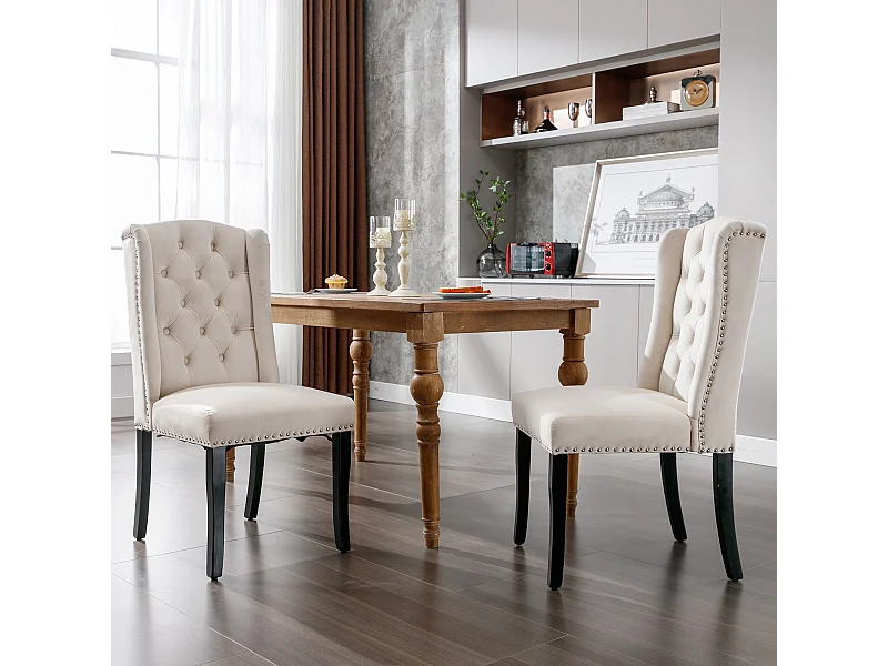 Set van 2 fluwelen eetkamerstoelen - 49 x 61 x 100 cm - eiken poten - voor slaapkamer en woonkamer - beige