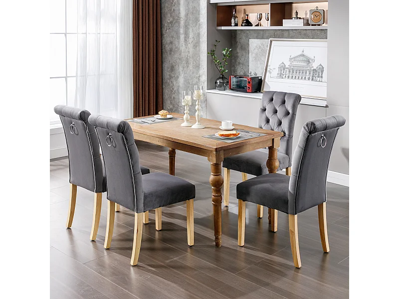 Set van 4 fluwelen eetkamerstoelen - 45 x 65 x 101 cm - eiken poten - loungestoel - grijs