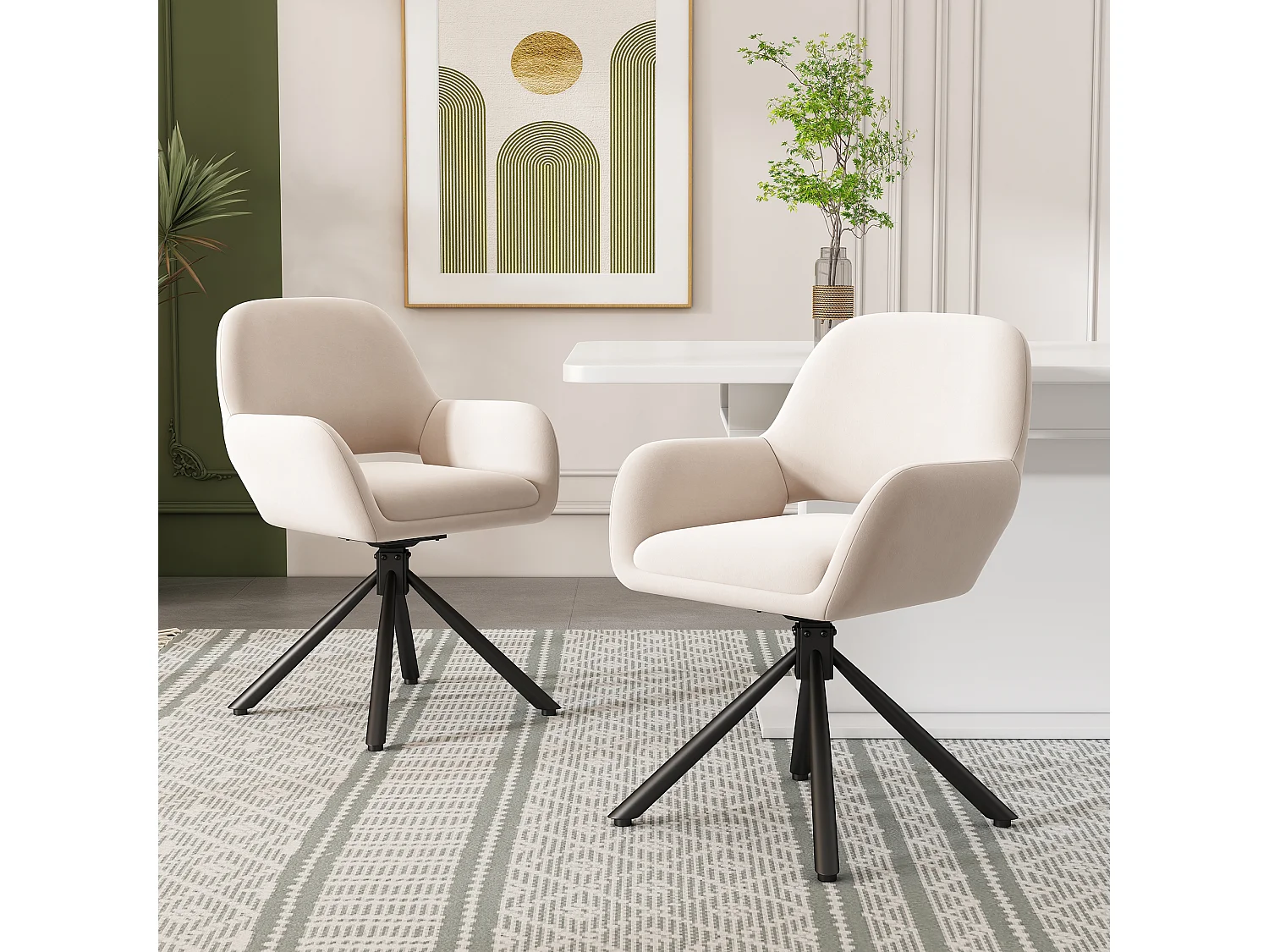 Lot de 2 chaises de salle à manger pivotantes en velours - 60 x 60 x 80 cm - avec accoudoirs - beige