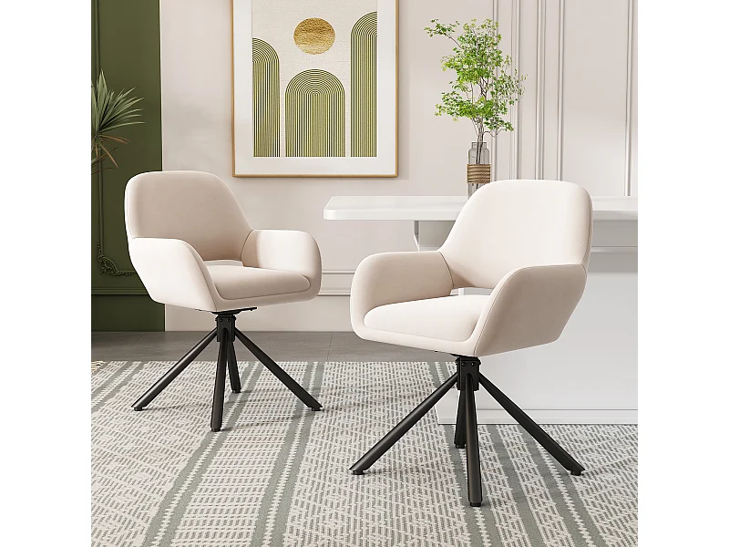 Set aus 2 drehbaren Esszimmerstühlen in Samt – 60 x 60 x 80 cm – mit Armlehnen – beige