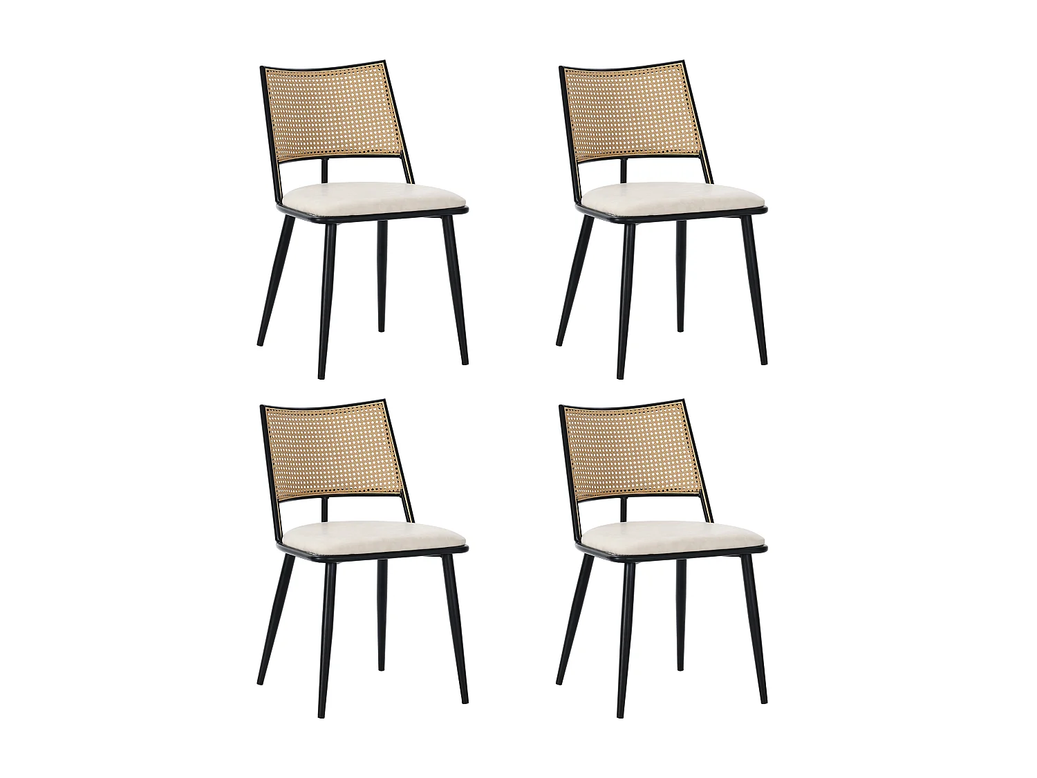 Lot de 4 chaises de salle à manger - 50 x 48 x 80 cm - assise en polyuréthane - dossier en rotin - Rotin - noir