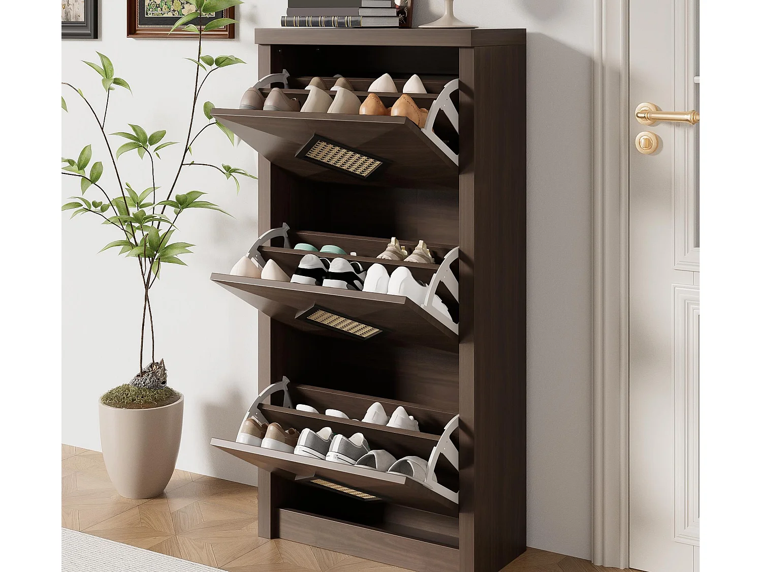 Meuble à chaussures 54x25x115 cm - 3 portes abattantes - Décor rotin - Style campagnard - Panneaux de particules - Marron