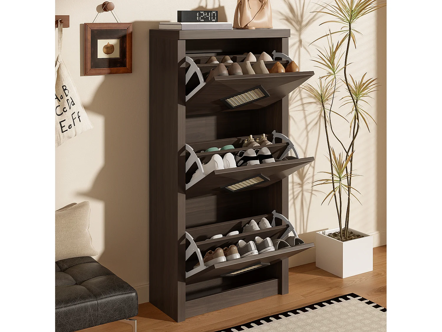 Meuble à chaussures 54x25x115 cm - 3 portes abattantes - Décor rotin - Style campagnard - Panneaux de particules - Marron