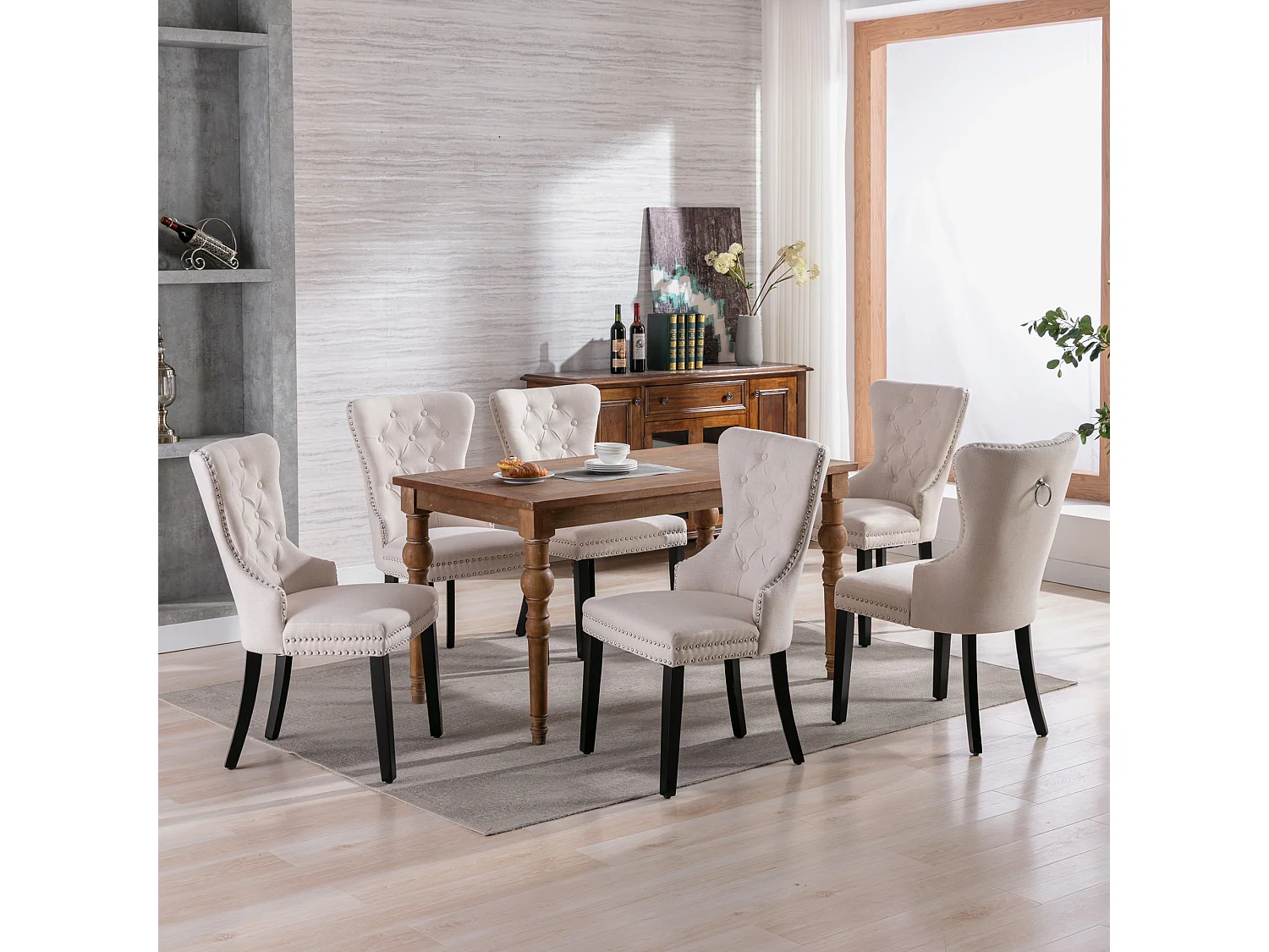 Juego de 6 sillas de comedor tapizadas en lino - 53 x 54 x 97 cm - patas de roble - sillón - beige