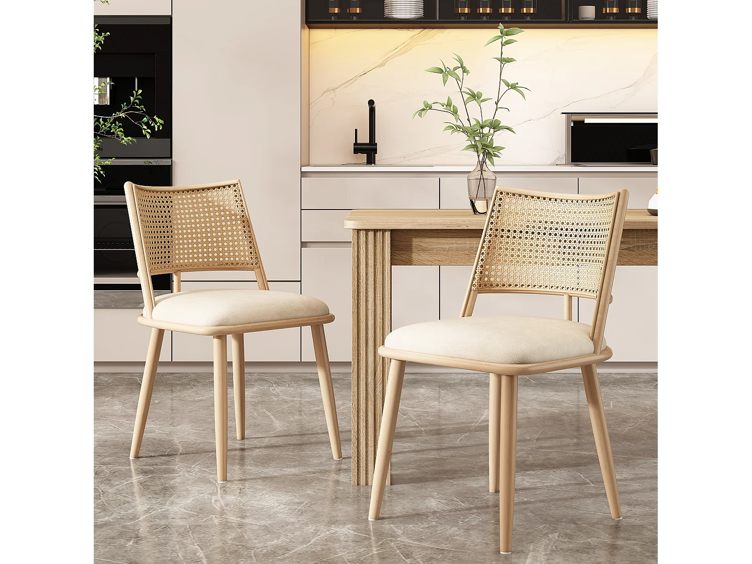 Lot de 2 chaises de salle à manger - 50 x 48 x 80 cm - assise en polyuréthane - dossier en rotin - Rotin - beige