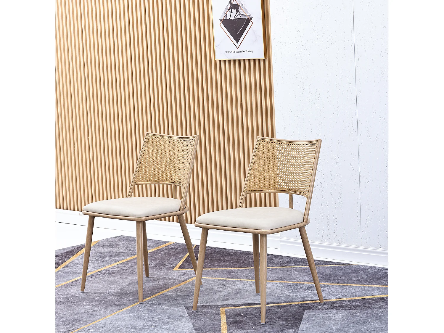 Lot de 2 chaises de salle à manger - 50 x 48 x 80 cm - assise en polyuréthane - dossier en rotin - Rotin - beige