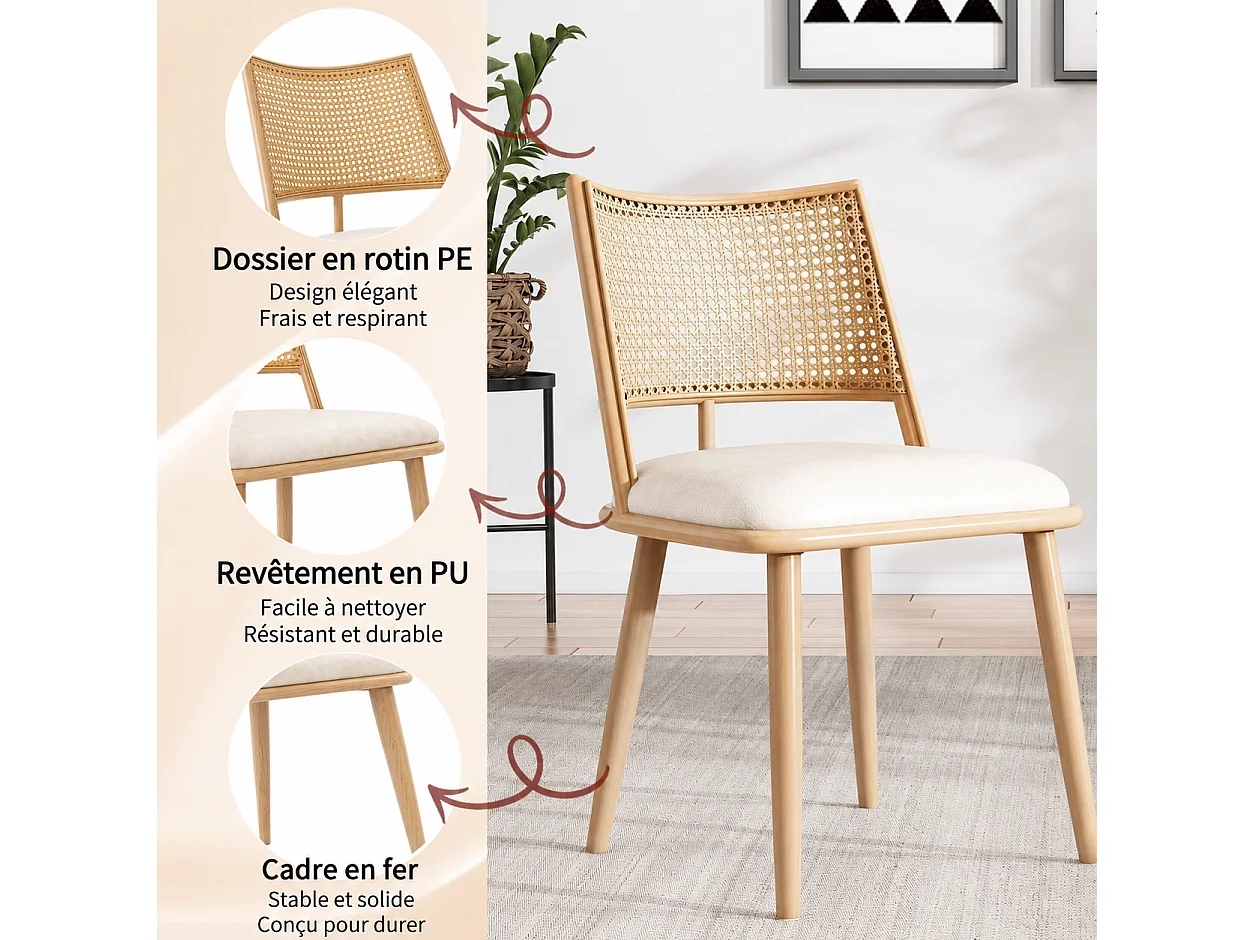 Lot de 2 chaises de salle à manger - 50 x 48 x 80 cm - assise en polyuréthane - dossier en rotin - Rotin - beige