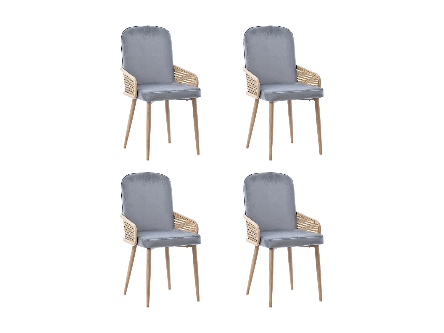 Lot de 4 chaises de salle à manger en velours - 45 x 43 x 90 cm - design rotin - avec 4 pieds en métal - gris