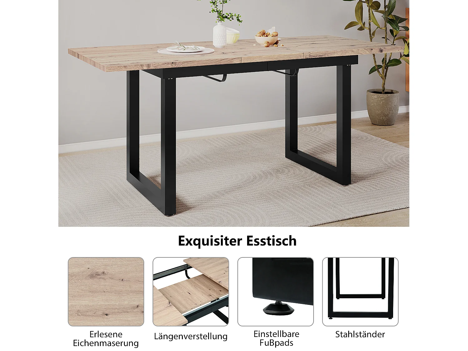 Table de salle à manger extensible - 140/180 x 80 x 75 cm - style industriel - MDF - naturel + noir