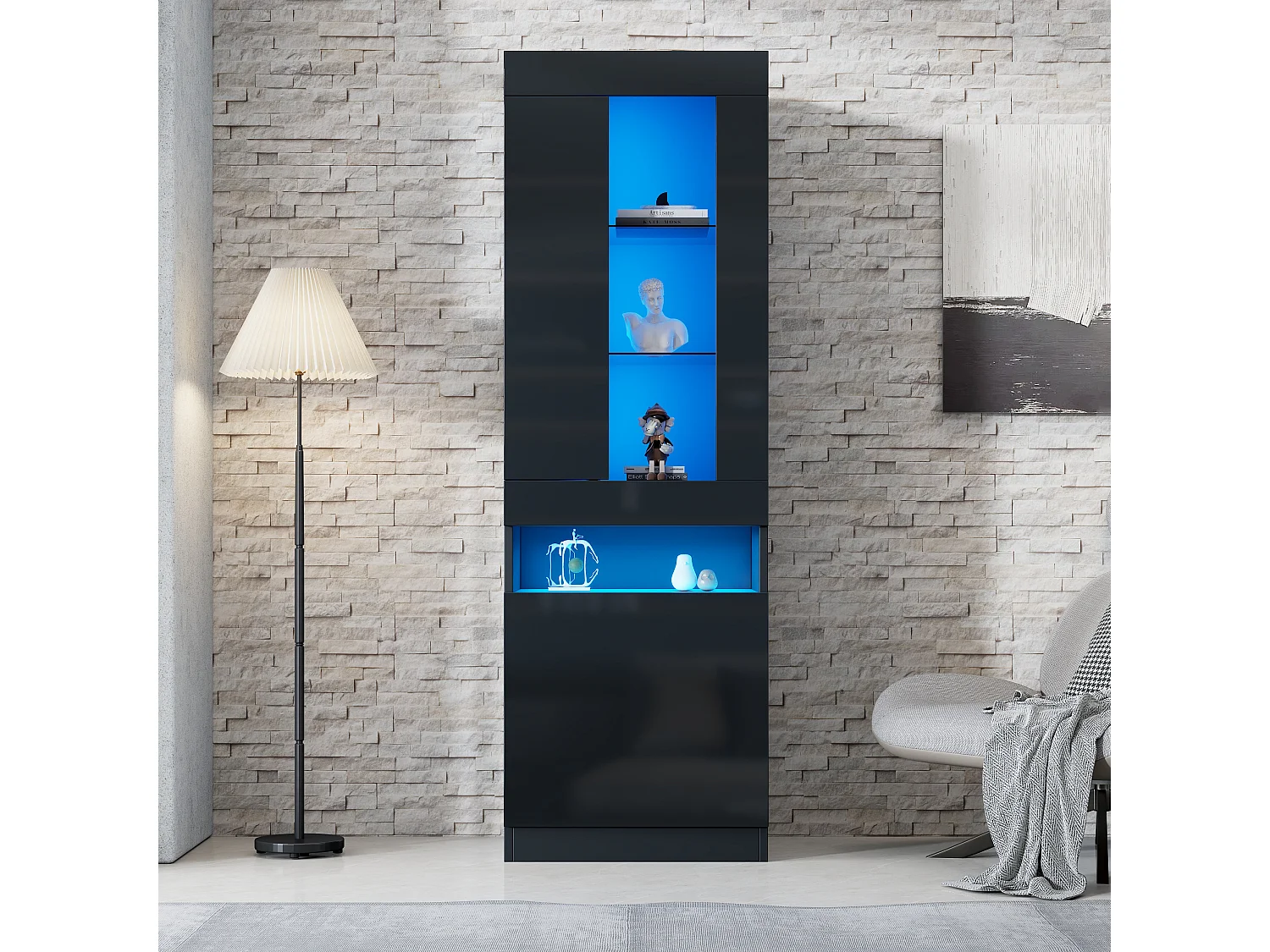 Vitrine 50x40x180 cm - avec éclairage LED - 2 portes - Étagères en verre - Finition brillante - Panneaux de particules - Noir