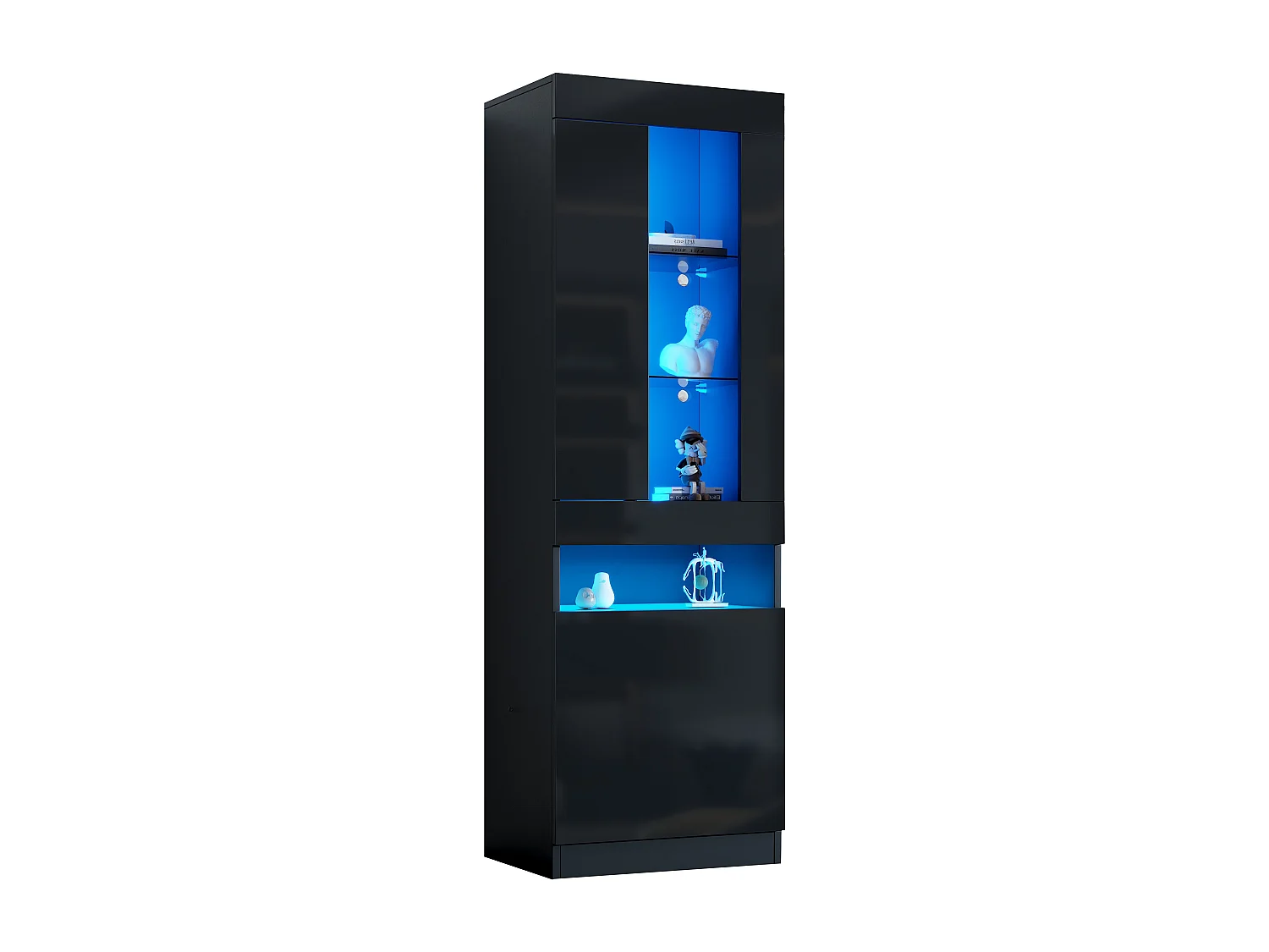 Vitrine 50x40x180 cm - avec éclairage LED - 2 portes - Étagères en verre - Finition brillante - Panneaux de particules - Noir