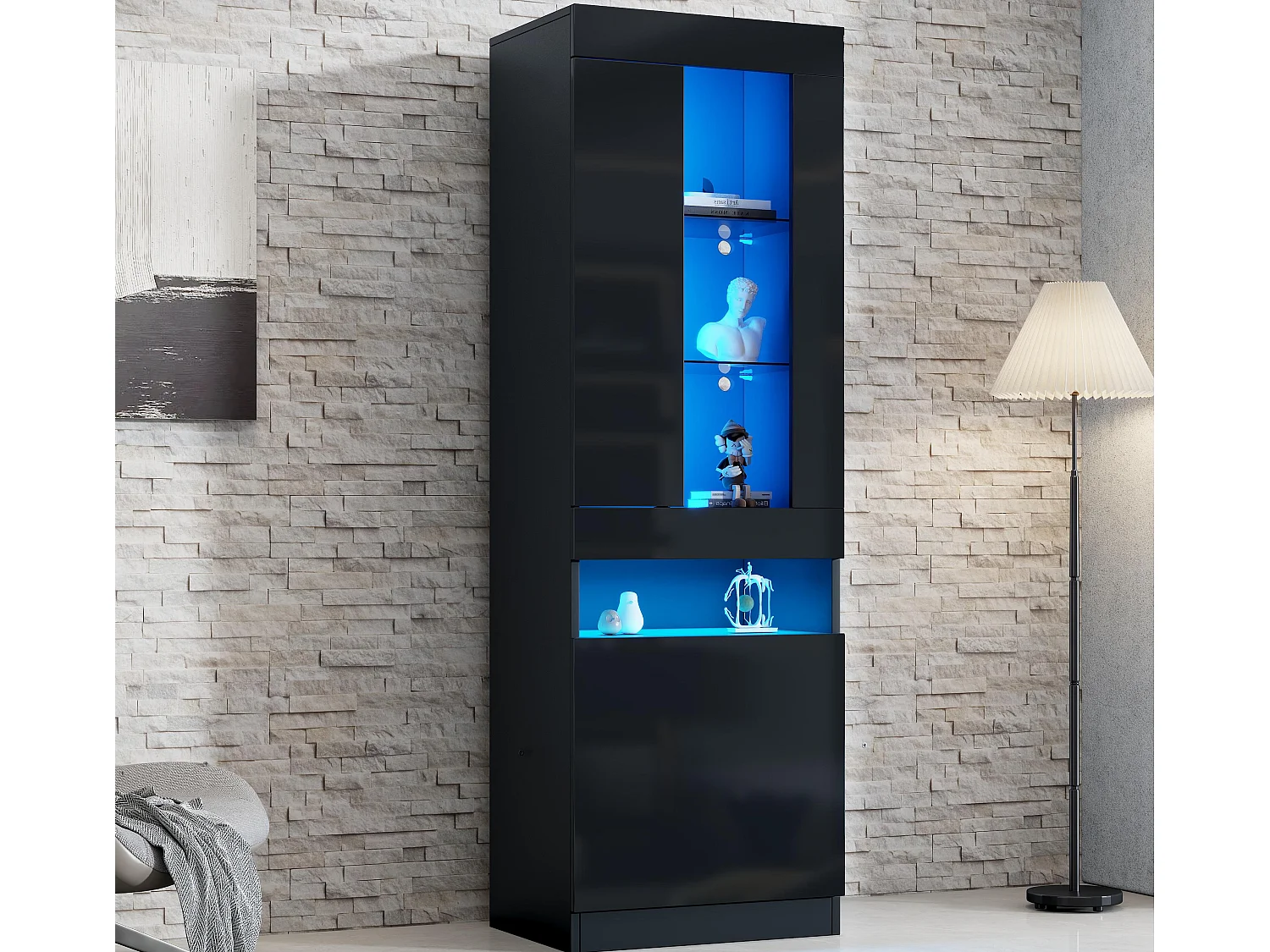 Witryna 50x40x180 cm - z oświetleniem LED - 2 fronty - Szklane półki - Błyszczące wykończenie - Płyty wiórowe - Czarny