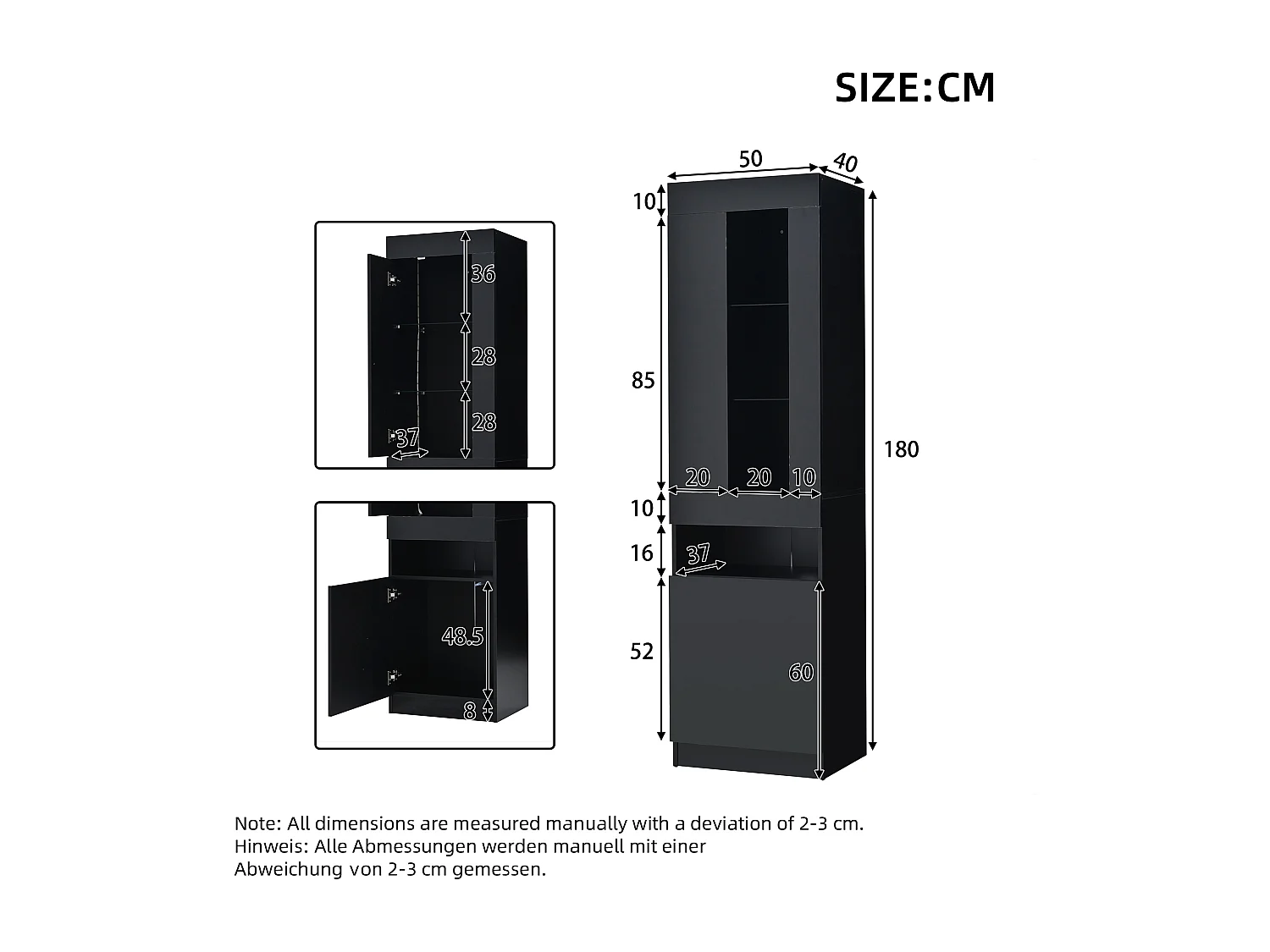Witryna 50x40x180 cm - z oświetleniem LED - 2 fronty - Szklane półki - Błyszczące wykończenie - Płyty wiórowe - Czarny