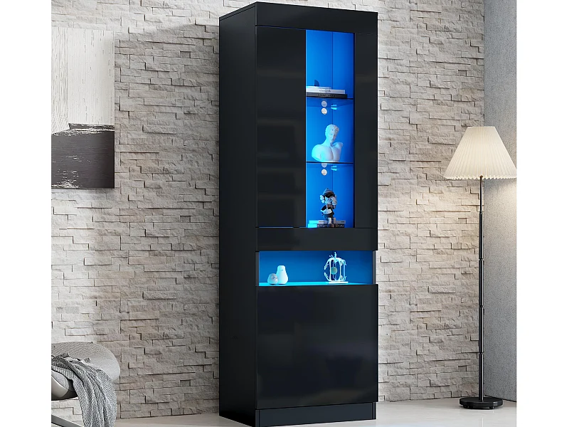 Witryna 50x40x180 cm - z oświetleniem LED - 2 fronty - Szklane półki - Błyszczące wykończenie - Płyty wiórowe - Czarny