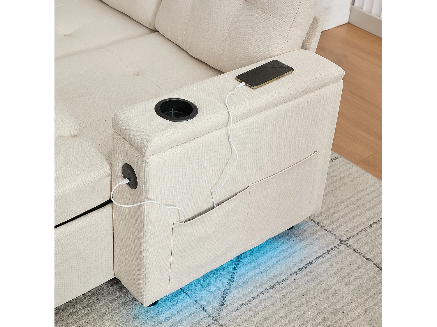 Canapé d'angle 3 places 208x146x89,5 cm - Pliable - avec éclairage LED - avec porte-gobelet et sac de rangement - Beige