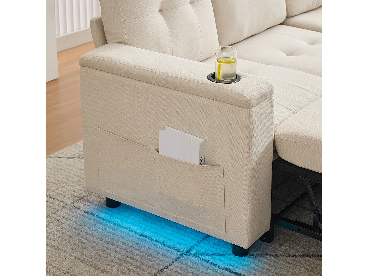 Canapé d'angle 3 places 208x146x89,5 cm - Pliable - avec éclairage LED - avec porte-gobelet et sac de rangement - Beige