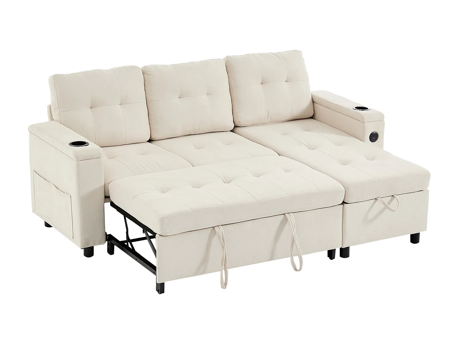 Canapé d'angle 3 places 208x146x89,5 cm - Pliable - avec éclairage LED - avec porte-gobelet et sac de rangement - Beige