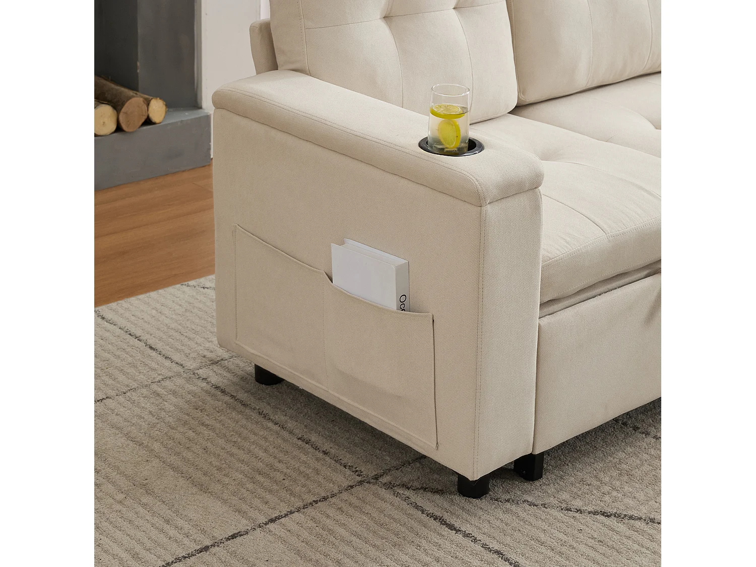 Canapé d'angle 3 places 208x146x89,5 cm - Pliable - avec éclairage LED - avec porte-gobelet et sac de rangement - Beige