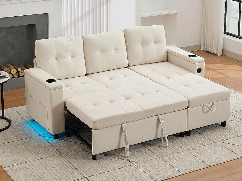 Divano angolare 3 posti 208x146x89,5 cm - Pieghevole - con illuminazione LED - con portabicchieri e sacco di riporre - Beige