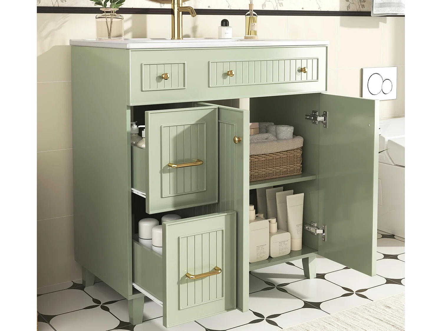 Meuble de salle de bain avec une vasque en céramique - avec 2 portes et 2 tiroirs - vert (robinet non inclus)