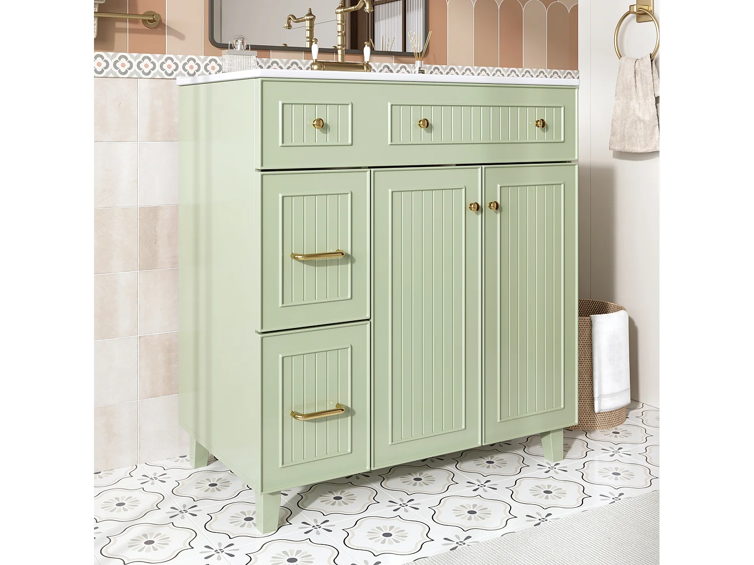 Meuble de salle de bain avec une vasque en céramique - avec 2 portes et 2 tiroirs - vert (robinet non inclus)