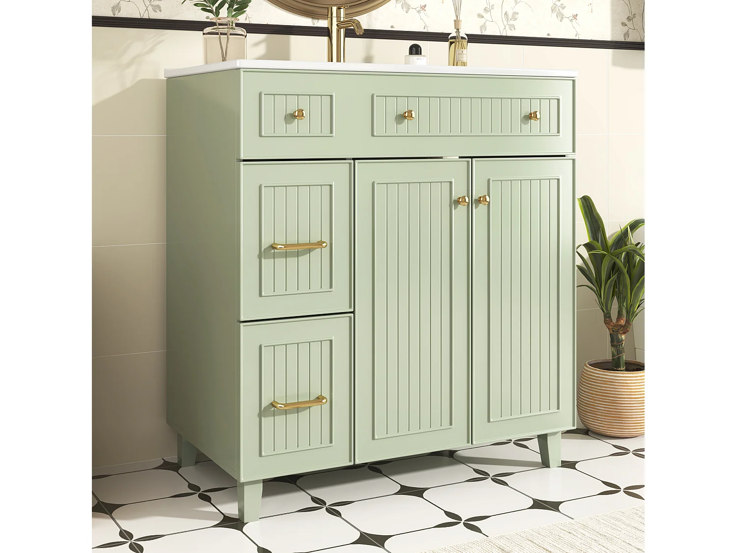 Meuble de salle de bain avec une vasque en céramique - avec 2 portes et 2 tiroirs - vert (robinet non inclus)