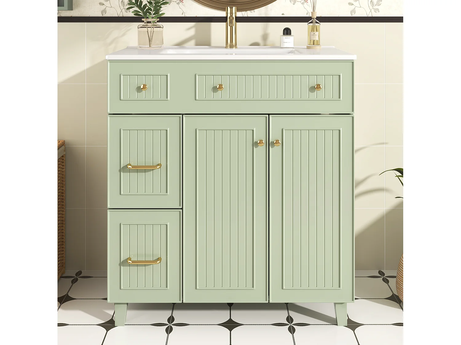 Meuble de salle de bain avec une vasque en céramique - avec 2 portes et 2 tiroirs - vert (robinet non inclus)