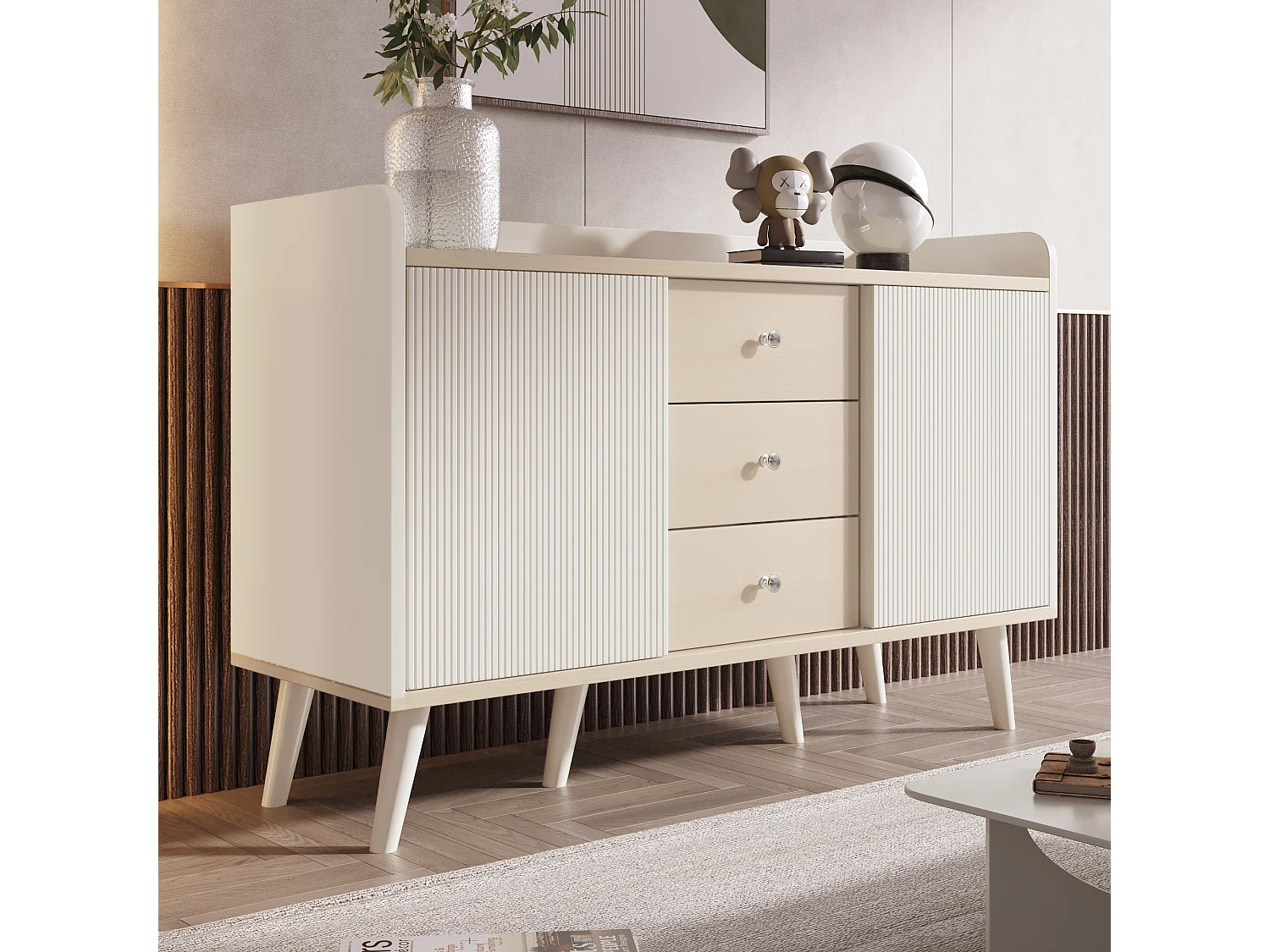 Buffet veinage raffiné pour chambre et salon - 117.5 x 40 x 80 cm - avec 3 tiroirs + 2 portes- aggloméré - blanc