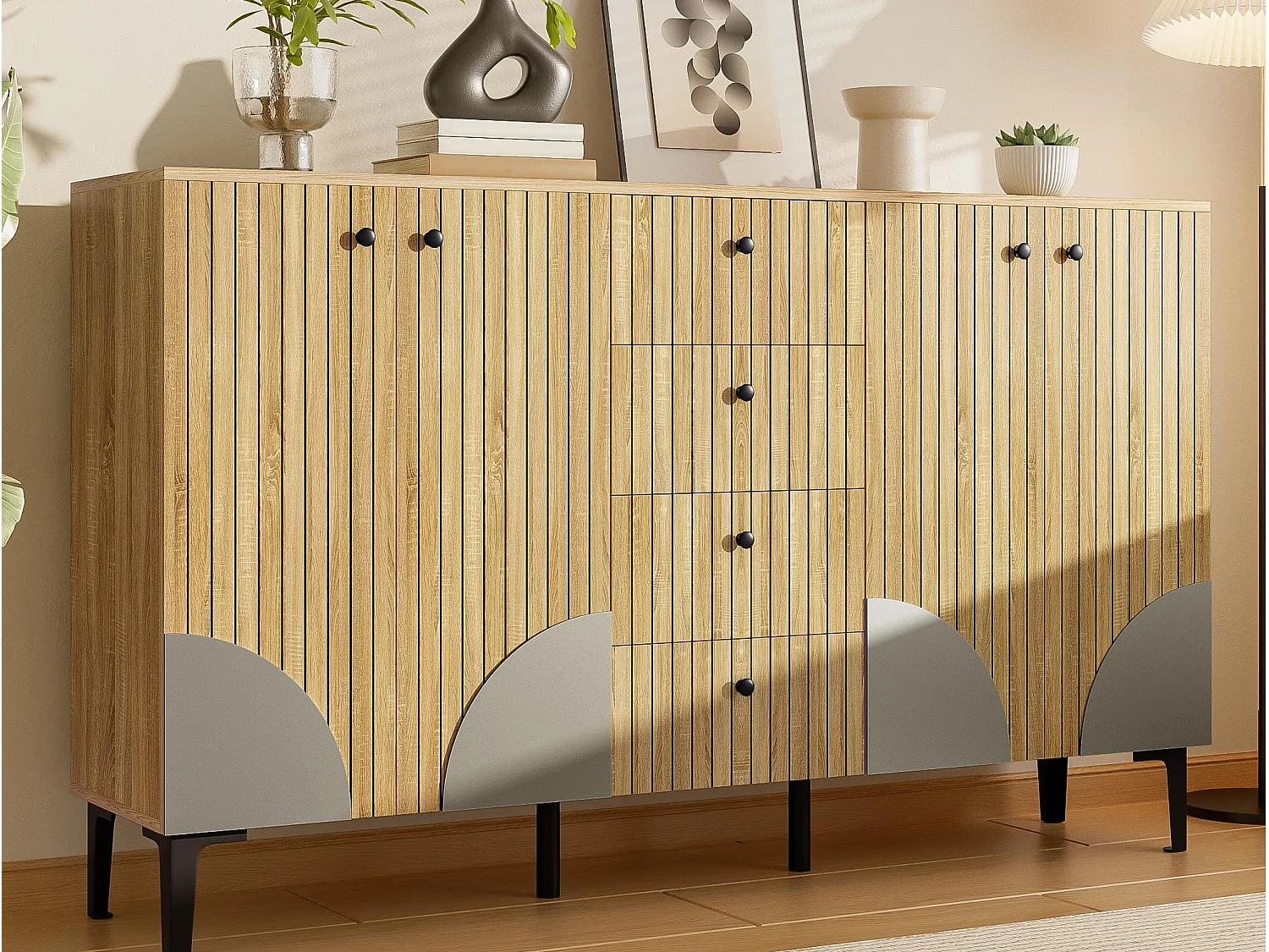 Moderner Sideboard aus Holz 160x36x94 cm - 4 Türen und 4 Schubladen - Holzoptik - Spanplatten - Natur