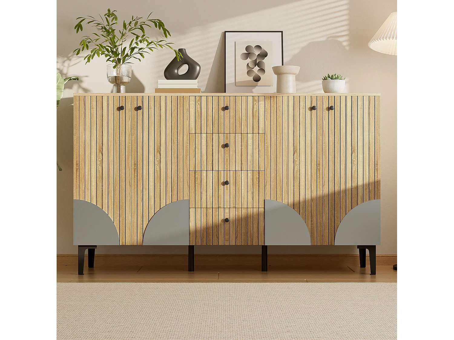 Moderner Sideboard aus Holz 160x36x94 cm - 4 Türen und 4 Schubladen - Holzoptik - Spanplatten - Natur
