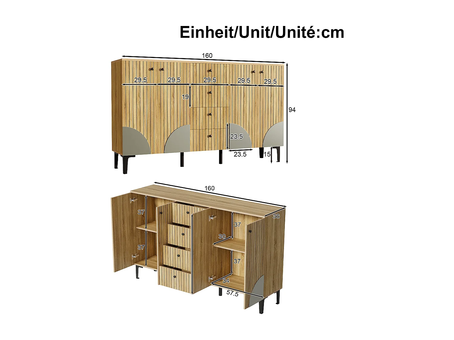 Moderner Sideboard aus Holz 160x36x94 cm - 4 Türen und 4 Schubladen - Holzoptik - Spanplatten - Natur