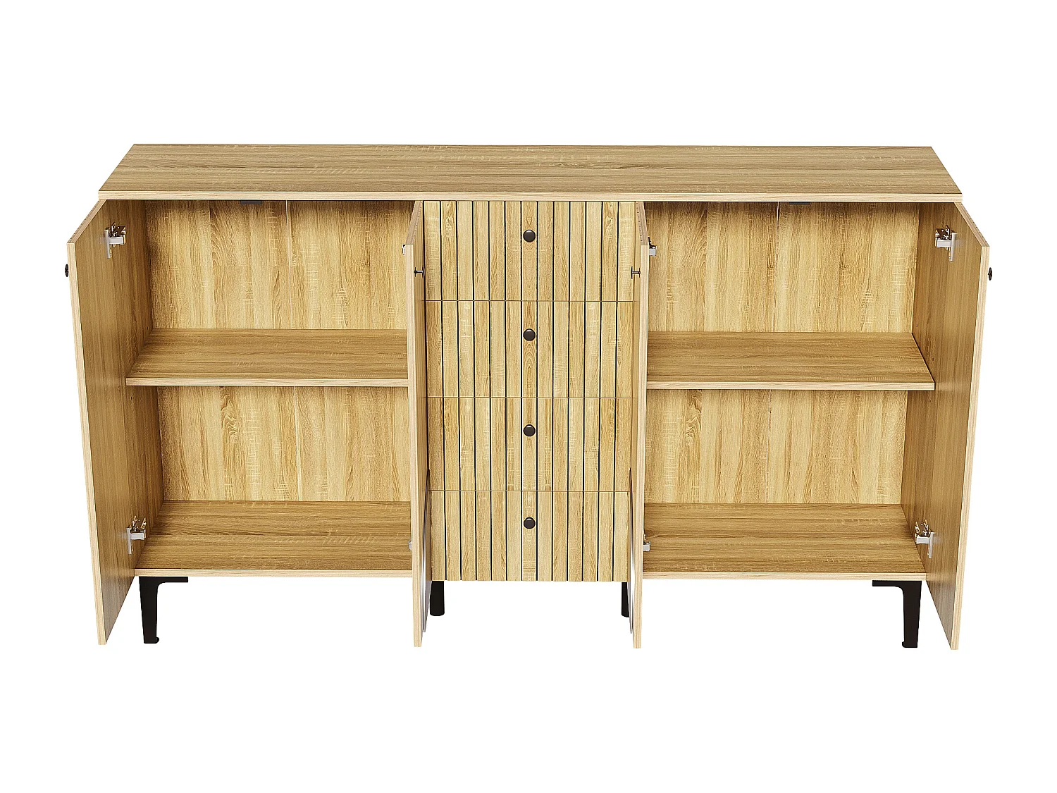 Moderner Sideboard aus Holz 160x36x94 cm - 4 Türen und 4 Schubladen - Holzoptik - Spanplatten - Natur