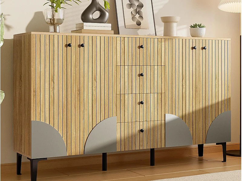 Moderner Sideboard aus Holz 160x36x94 cm - 4 Türen und 4 Schubladen - Holzoptik - Spanplatten - Natur