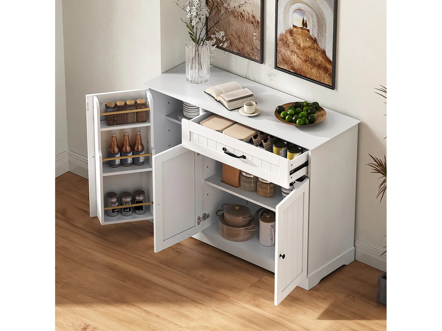 Buffet moderne 107x40x83.4cm - avec 3 portes et 1 tiroir - avec étagères réglables - Blanc