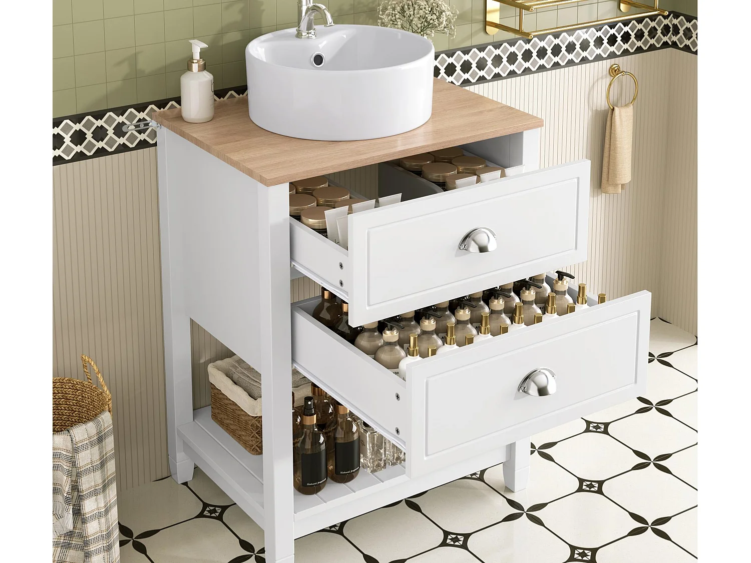 Meuble de salle de bain avec une vasque en céramique - avec 2 tiroirs et 1 compartiment de rangement ouvert - blanc (robinet non inclus)