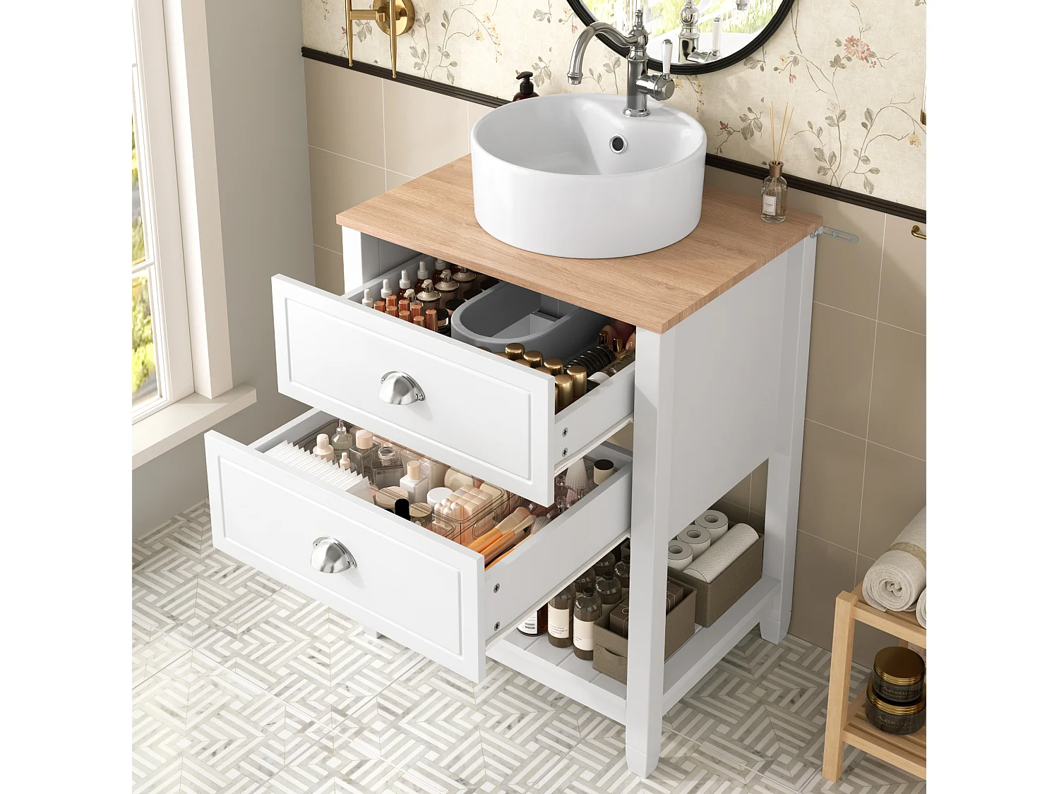 Meuble de salle de bain avec une vasque en céramique - avec 2 tiroirs et 1 compartiment de rangement ouvert - blanc (robinet non inclus)