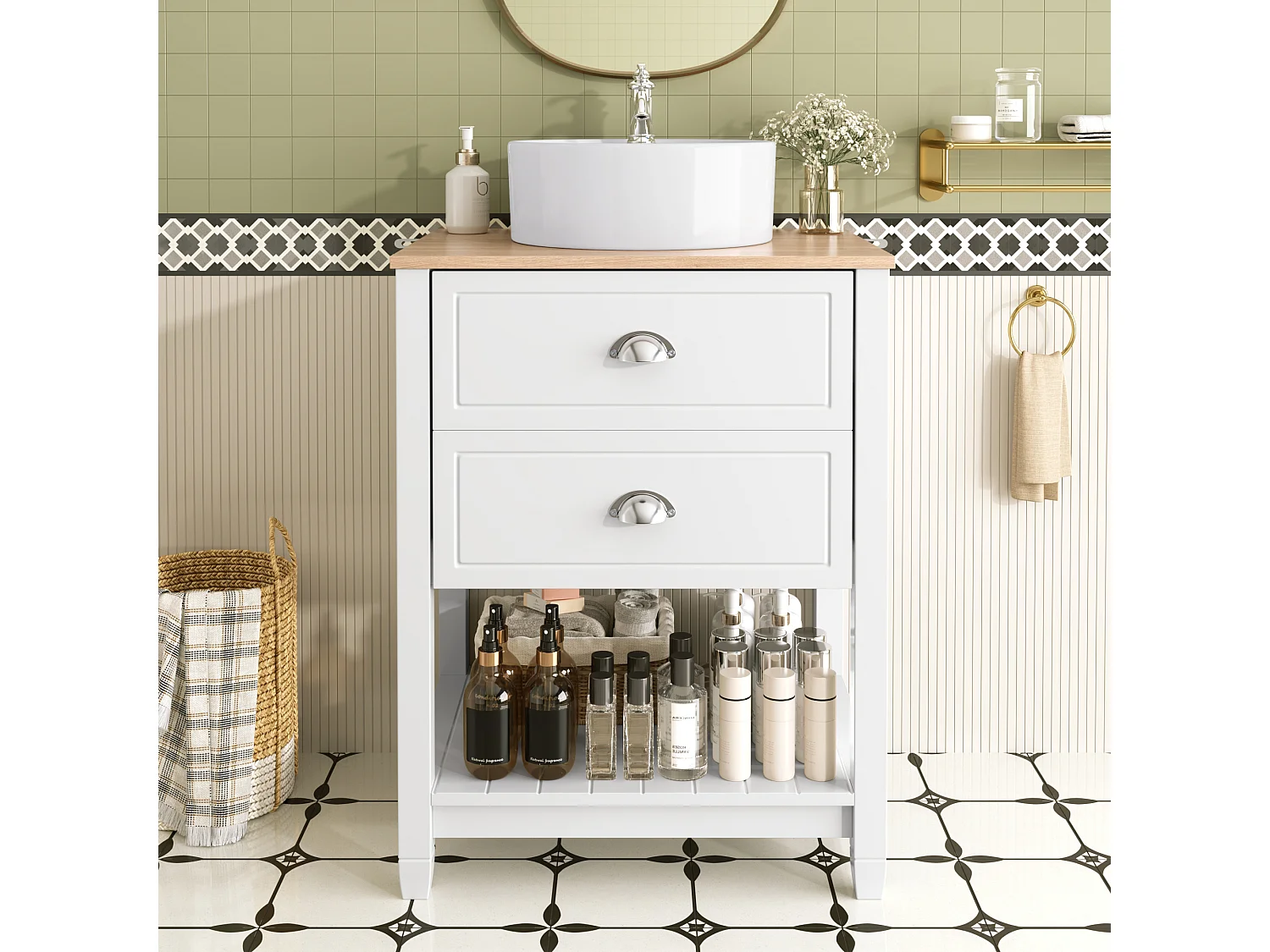 Meuble de salle de bain avec une vasque en céramique - avec 2 tiroirs et 1 compartiment de rangement ouvert - blanc (robinet non inclus)