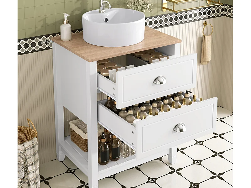 Meuble de salle de bain avec une vasque en céramique - avec 2 tiroirs et 1 compartiment de rangement ouvert - blanc (robinet non inclus)