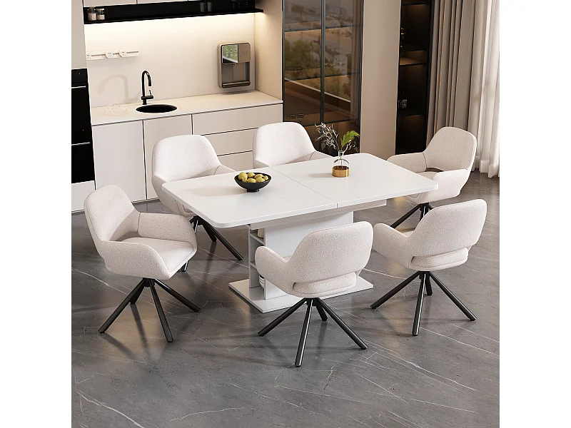 Set van 6 draaibare eetkamerstoelen in sherpa-stof - 60 x 60 x 80 cm - met armleuningen - wit
