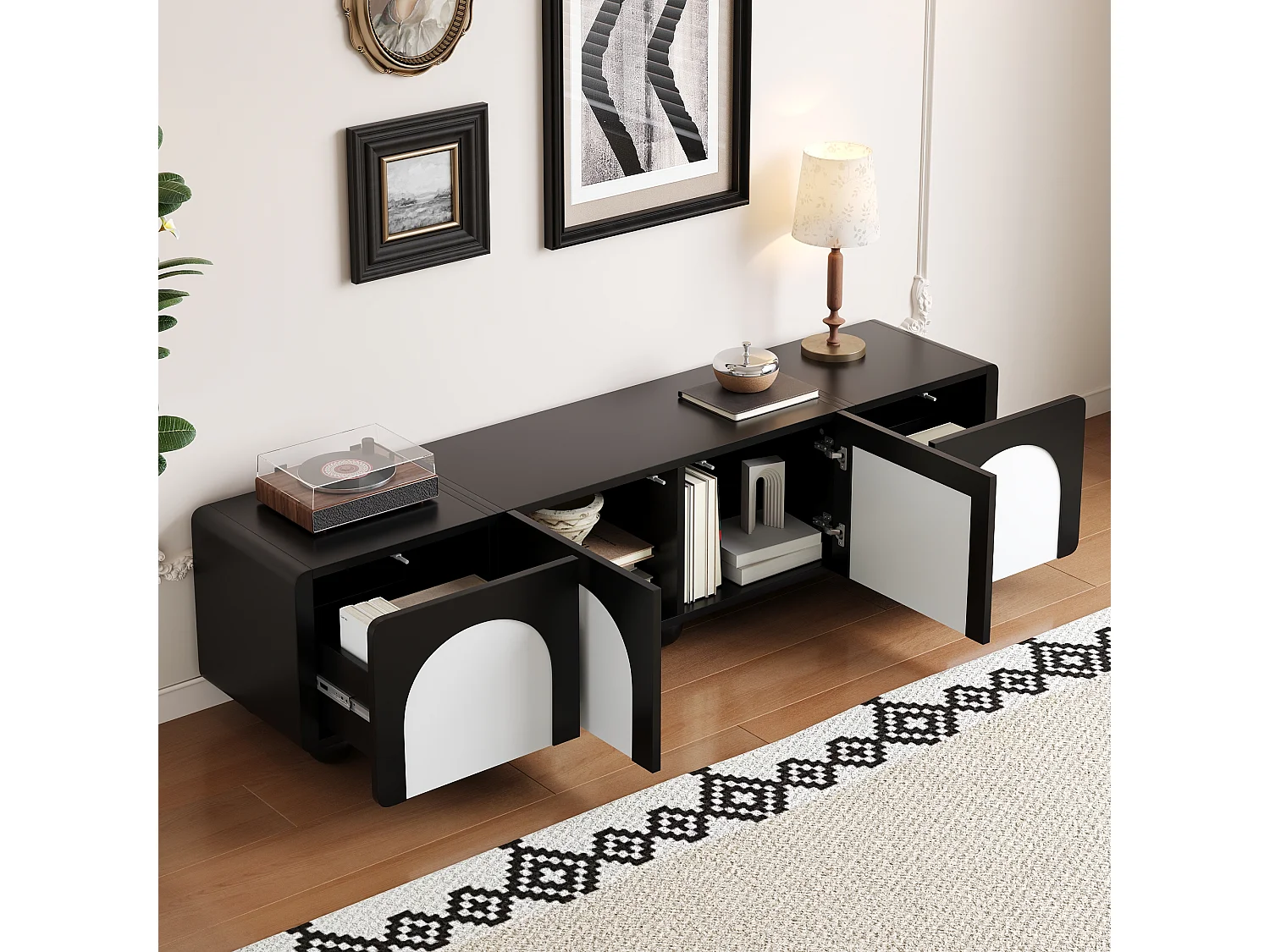 Meuble TV 180x38x45 cm - 2 tiroirs et 2 portes - Design bicolore - Pieds ronds - MDF + panneaux de particules - Noir et blanc