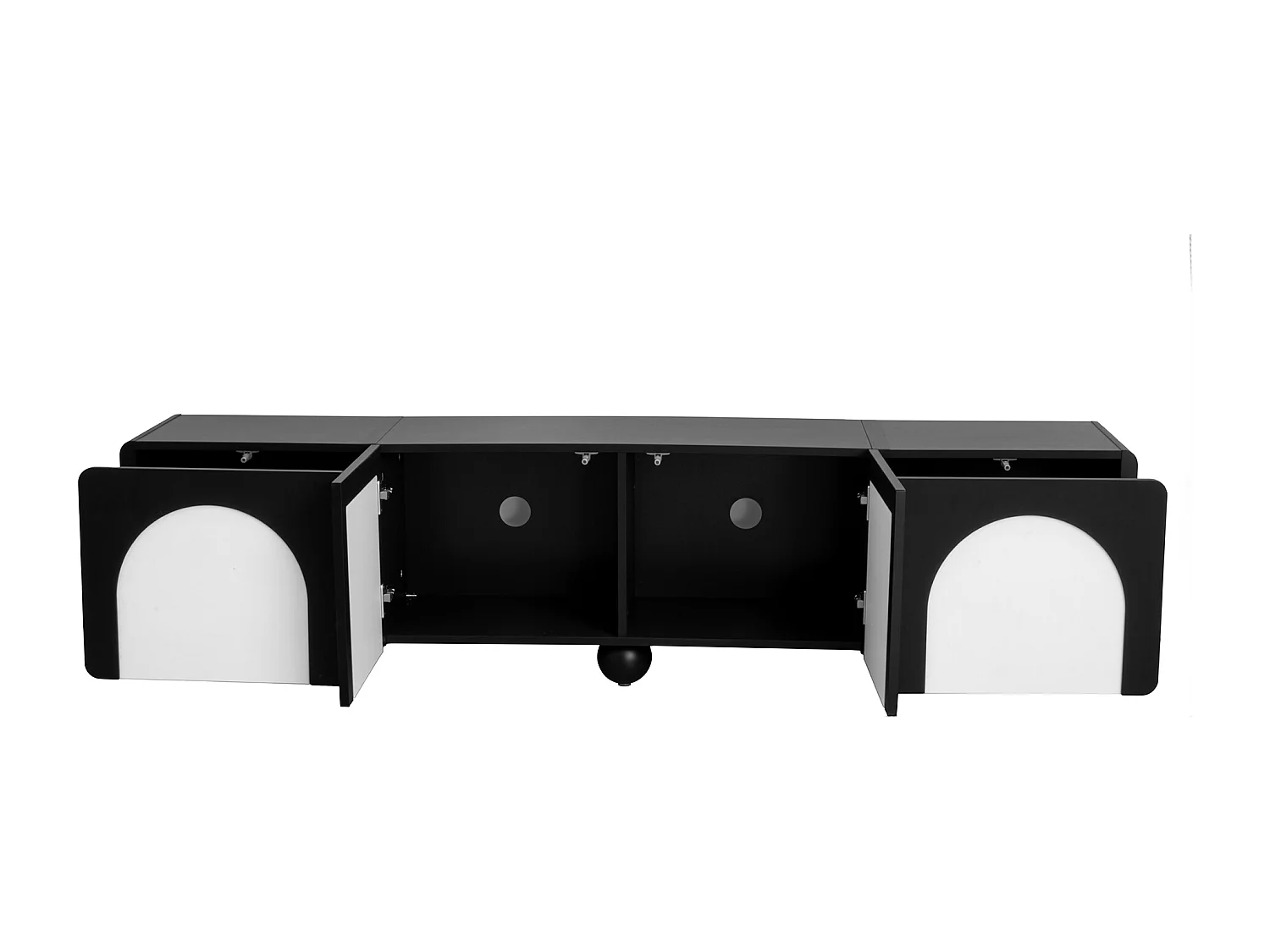 Meuble TV 180x38x45 cm - 2 tiroirs et 2 portes - Design bicolore - Pieds ronds - MDF + panneaux de particules - Noir et blanc