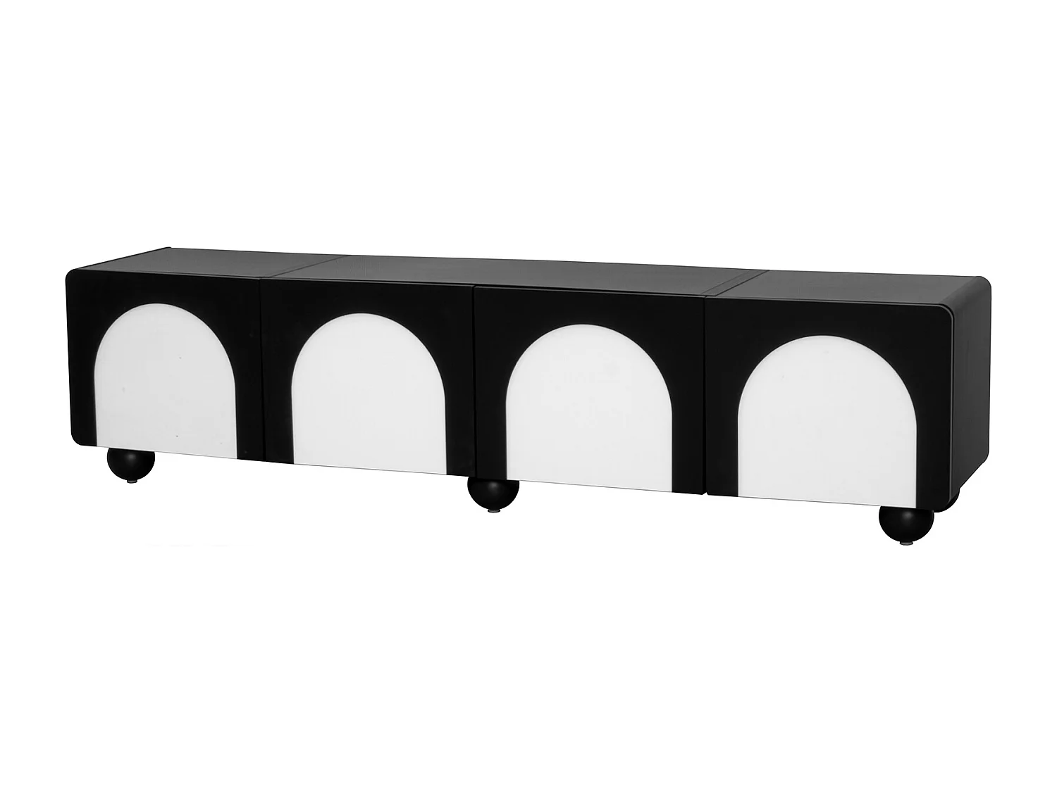 Meuble TV 180x38x45 cm - 2 tiroirs et 2 portes - Design bicolore - Pieds ronds - MDF + panneaux de particules - Noir et blanc