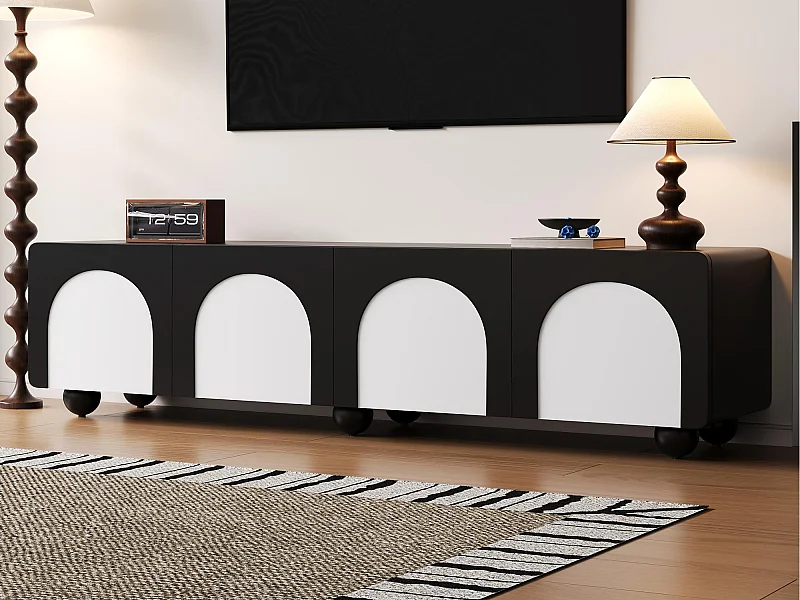 Meuble TV 180x38x45 cm - 2 tiroirs et 2 portes - Design bicolore - Pieds ronds - MDF + panneaux de particules - Noir et blanc