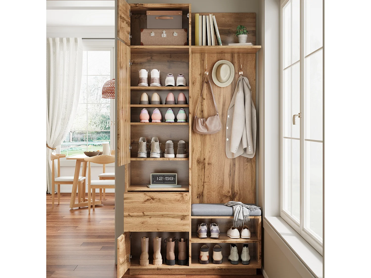 Conjunto de vestidor de entrada 90x34.5x190cm - Mueble para zapatos y un banco - Espejo y ganchos - 2 puertas y 1 cajón - Natural