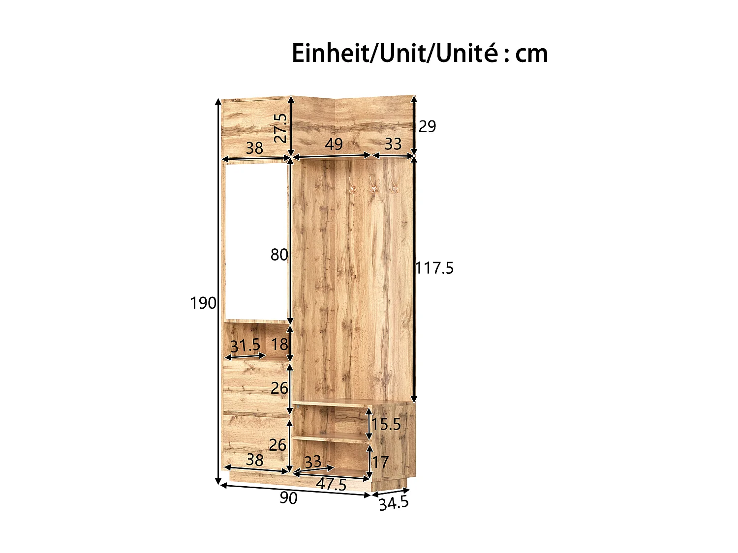 Conjunto de vestidor de entrada 90x34.5x190cm - Mueble para zapatos y un banco - Espejo y ganchos - 2 puertas y 1 cajón - Natural