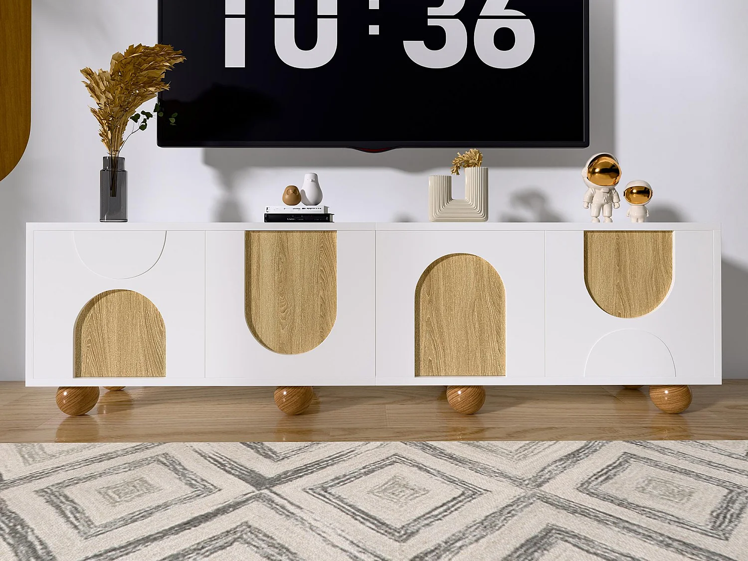 TV-Schrank 175x38x50cm - 4 Türen - Vintage-Holzoptik - Holzfüße - MDF + Spanplatten - Weiß und natur