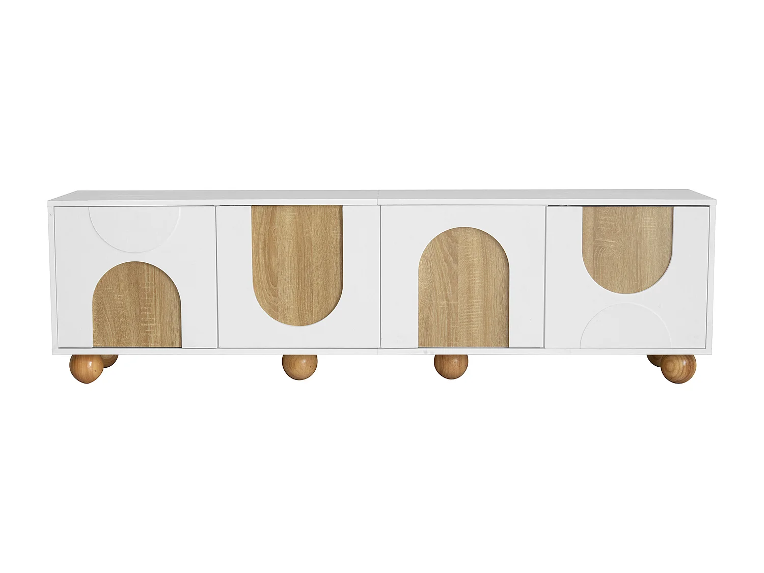 TV-Schrank 175x38x50cm - 4 Türen - Vintage-Holzoptik - Holzfüße - MDF + Spanplatten - Weiß und natur