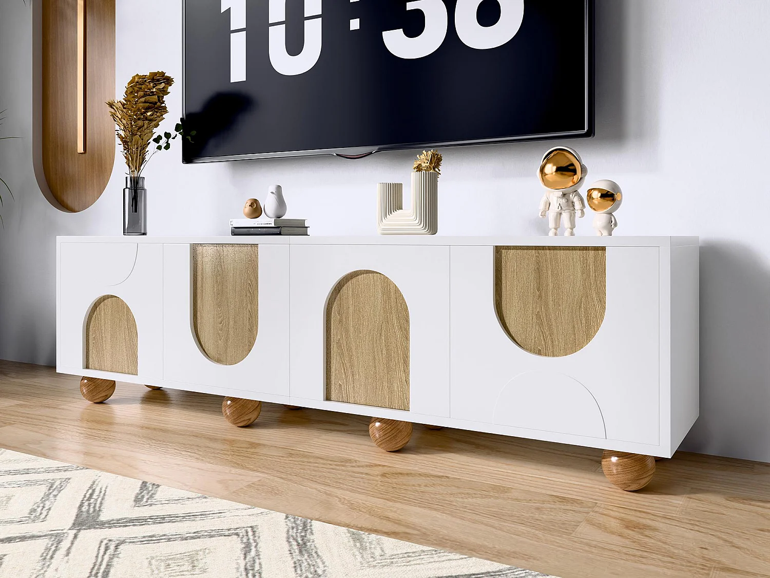 Meuble TV 175x38x50cm - 4 portes - aspect bois vintage - Pieds en bois - MDF + panneaux de particules - Blanc et naturel