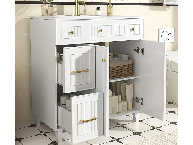 Meuble de salle de bain avec une vasque en céramique - avec 2 portes et 2 tiroirs - blanc (robinet non inclus)